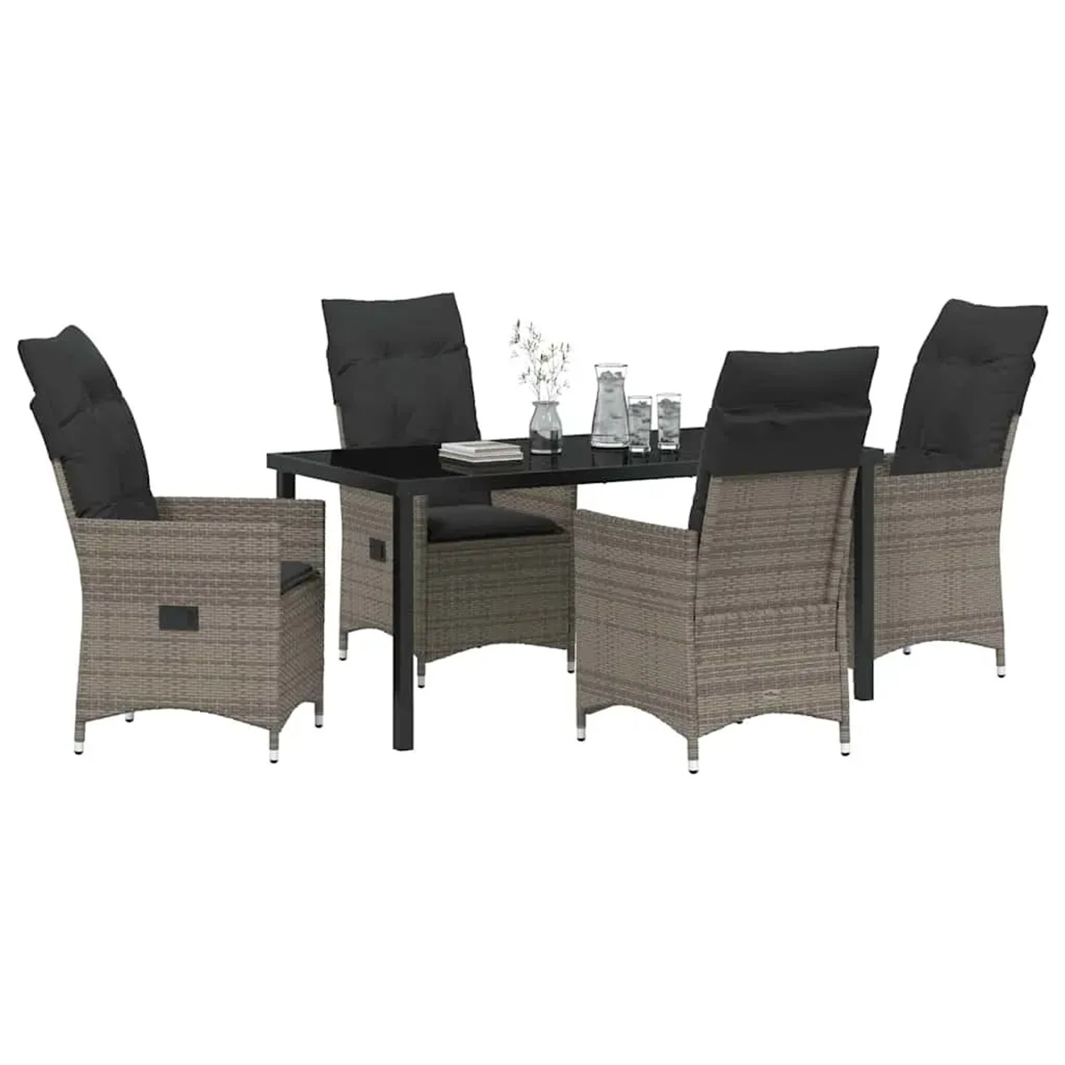 Graue 5-teilige vidaXL Garten Essgruppe aus Polyrattan mit Tisch und Stühlen mit Kissen.