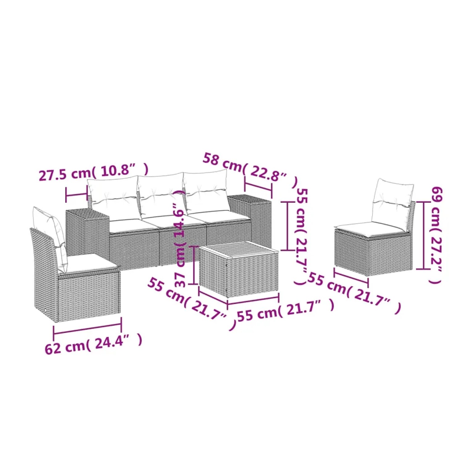 Beige 6-tlg. Garten-Sofagarnitur aus Rattan mit Kissen. Gartenmöbel-Set mit Tisch und Sesseln.