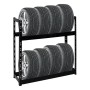 Schwarzes PROREGAL Reifenregal Tiger mit 8 Reifen auf 2 Ebenen. Ideal zur Reifenlagerung.