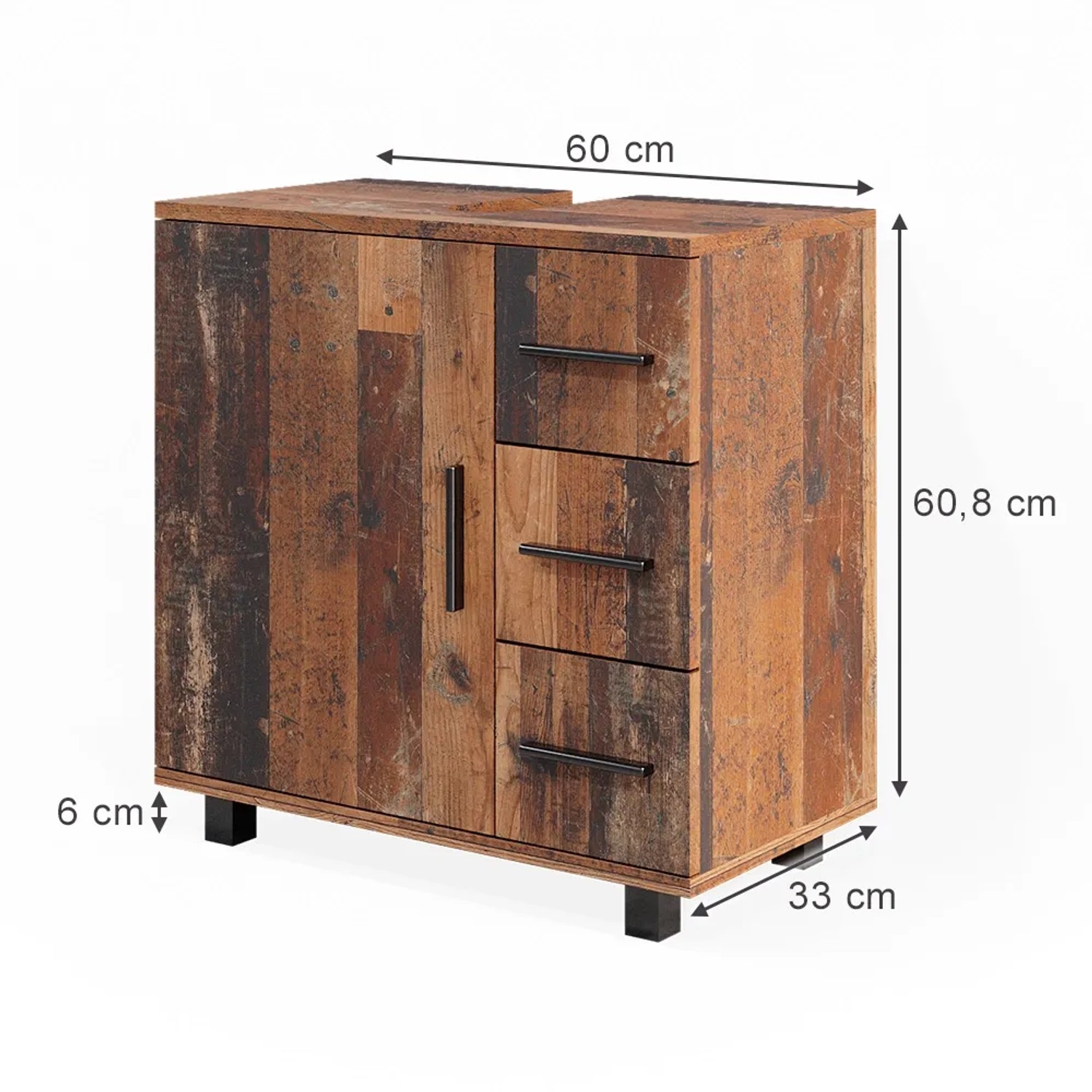 Waschbeckenunterschrank Ilias in Eiche Rustikal mit Tür und 3 Schubladen, 60x61 cm.