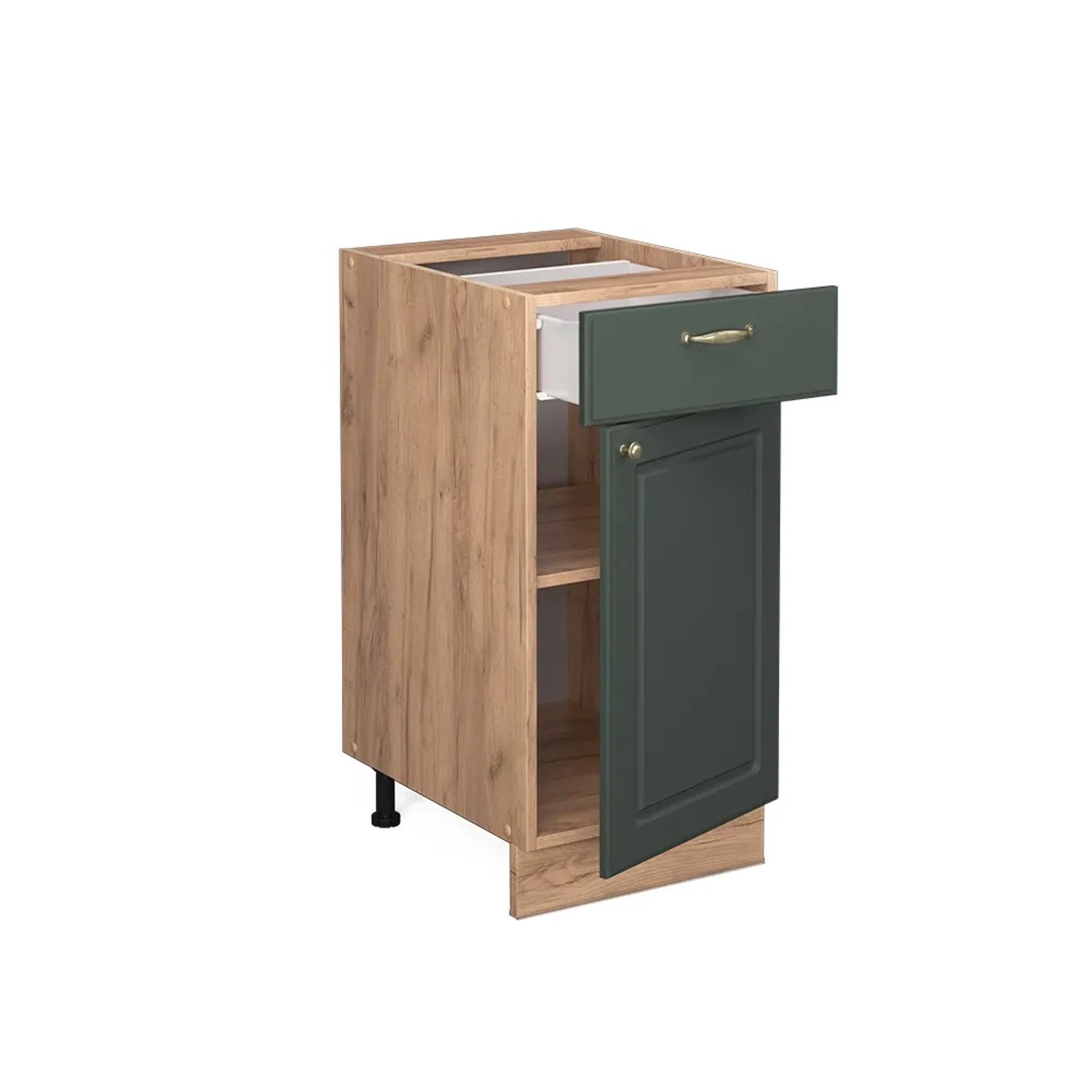 Vicco Küchenunterschrank Fame-Line, grün-gold/Eiche, 40 cm breit, mit Schublade und Tür.