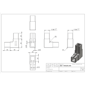 FeNau Eckverbinder Edelstahl V2A Für Klemmprofil 20x20x1,25 mm Geschliffen Korn 240