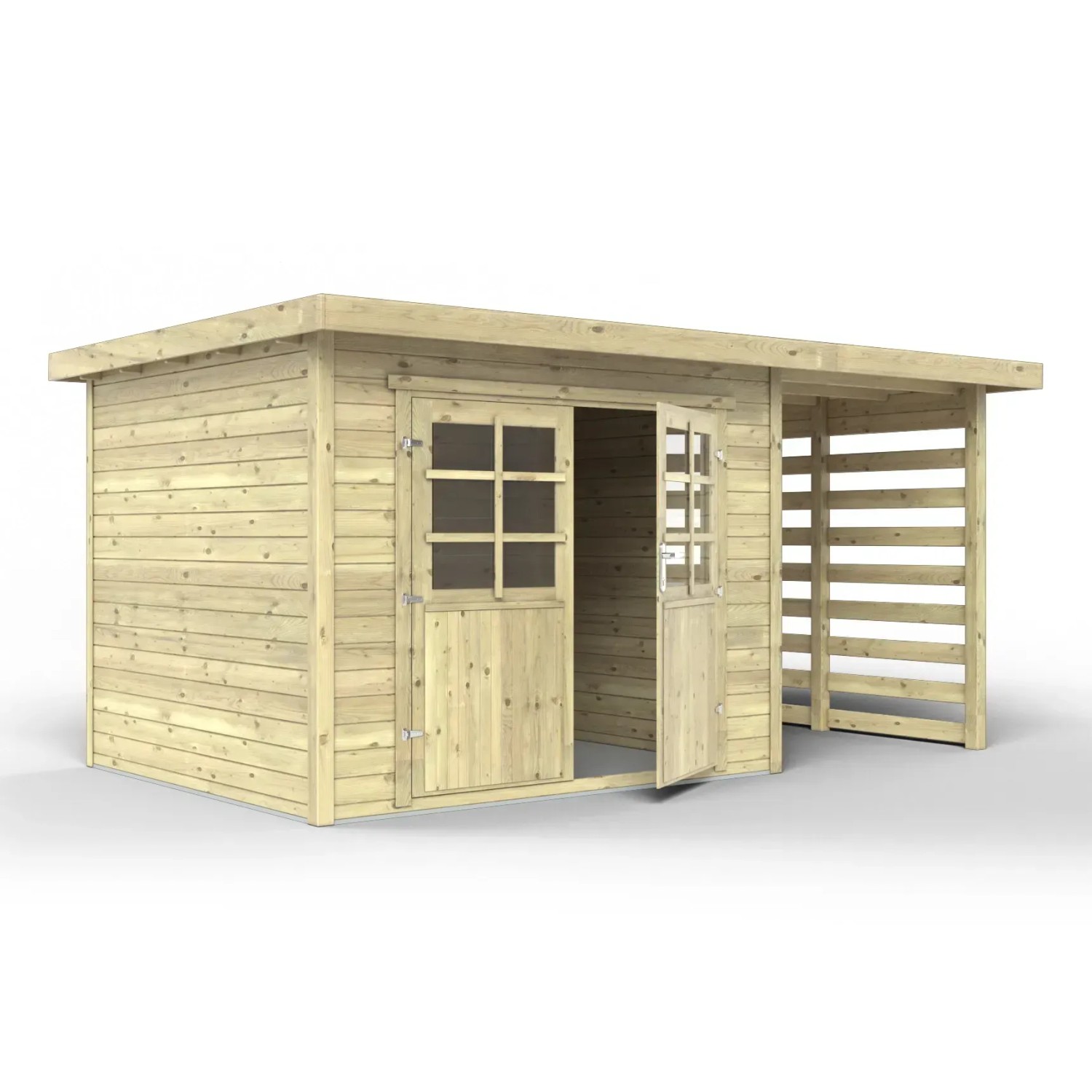 OBI Holz-Gartenhaus La Spezia mit Anbaudach, naturbelassen. Gartenhaus mit Doppeltür und seitlichem Unterstand.