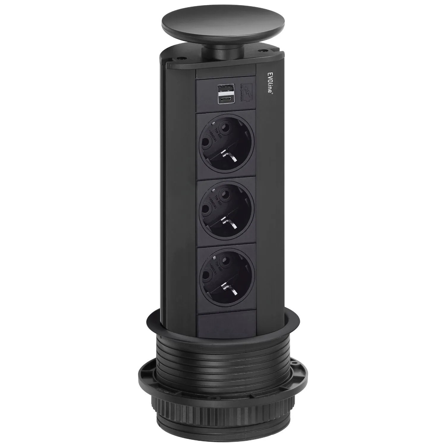 Evoline Port Steckdosenturm 3-Fach Schuko Versenkbare Steckdose Usb-A & Usb-C mit Wippdeckel Schwarz