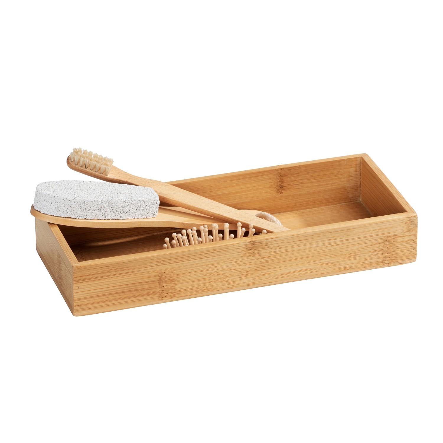 Rechteckige Wenko Bambus Box Terra mit Deckel und Badutensilien, 24x10x6cm.