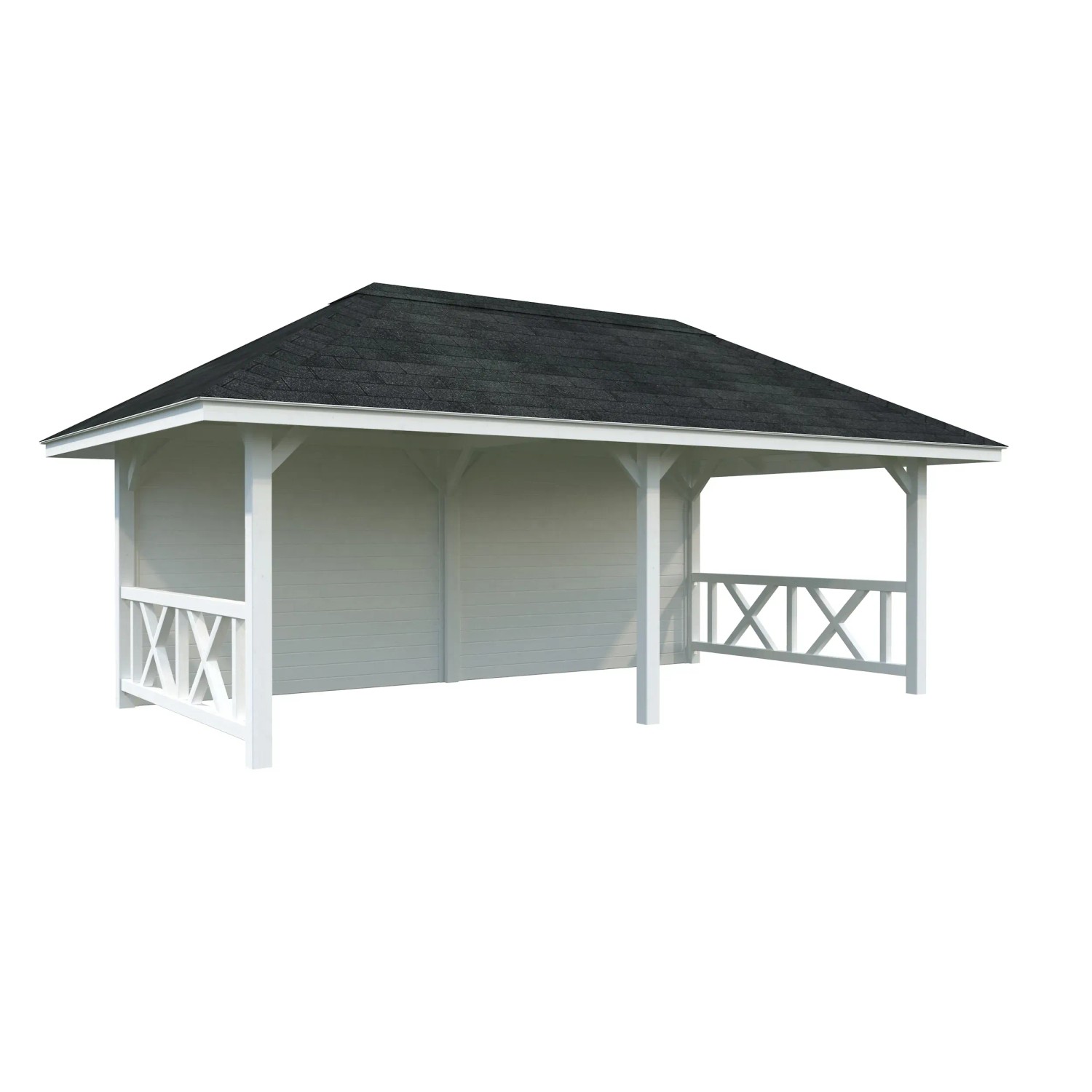Palmako Pavillon Bianca Set, 588x300 cm, weiß lackiert, mit Rückwand und Balustraden Geländer.