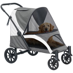 Grauer PawHut Hundewagen mit Hund. Ideal für bequeme Spaziergänge mit Ihrem Vierbeiner.