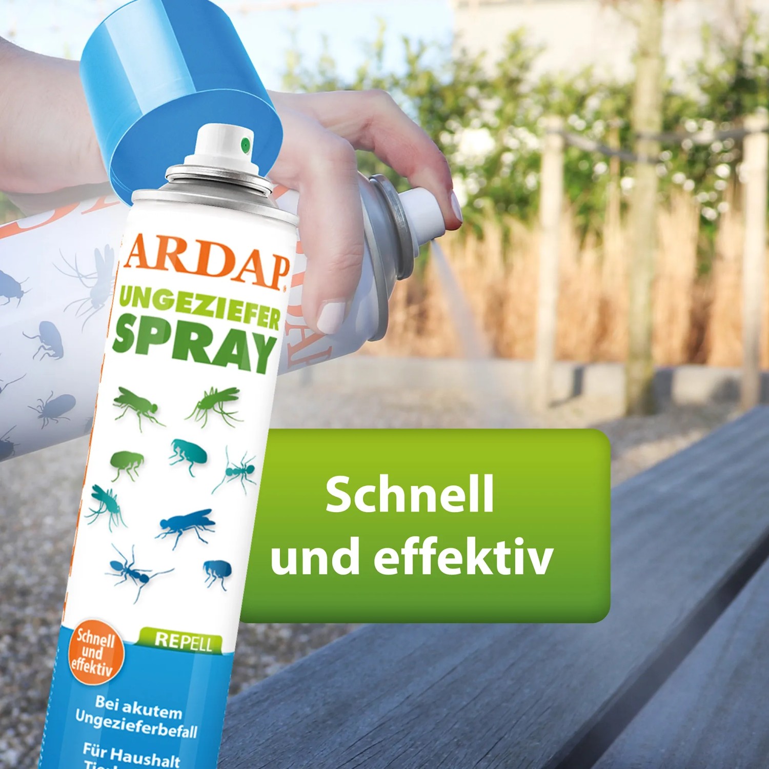Ardap Repell Ungezieferspray 400ml in Anwendung gegen Ungeziefer wie Fliegen, Ameisen und Milben.