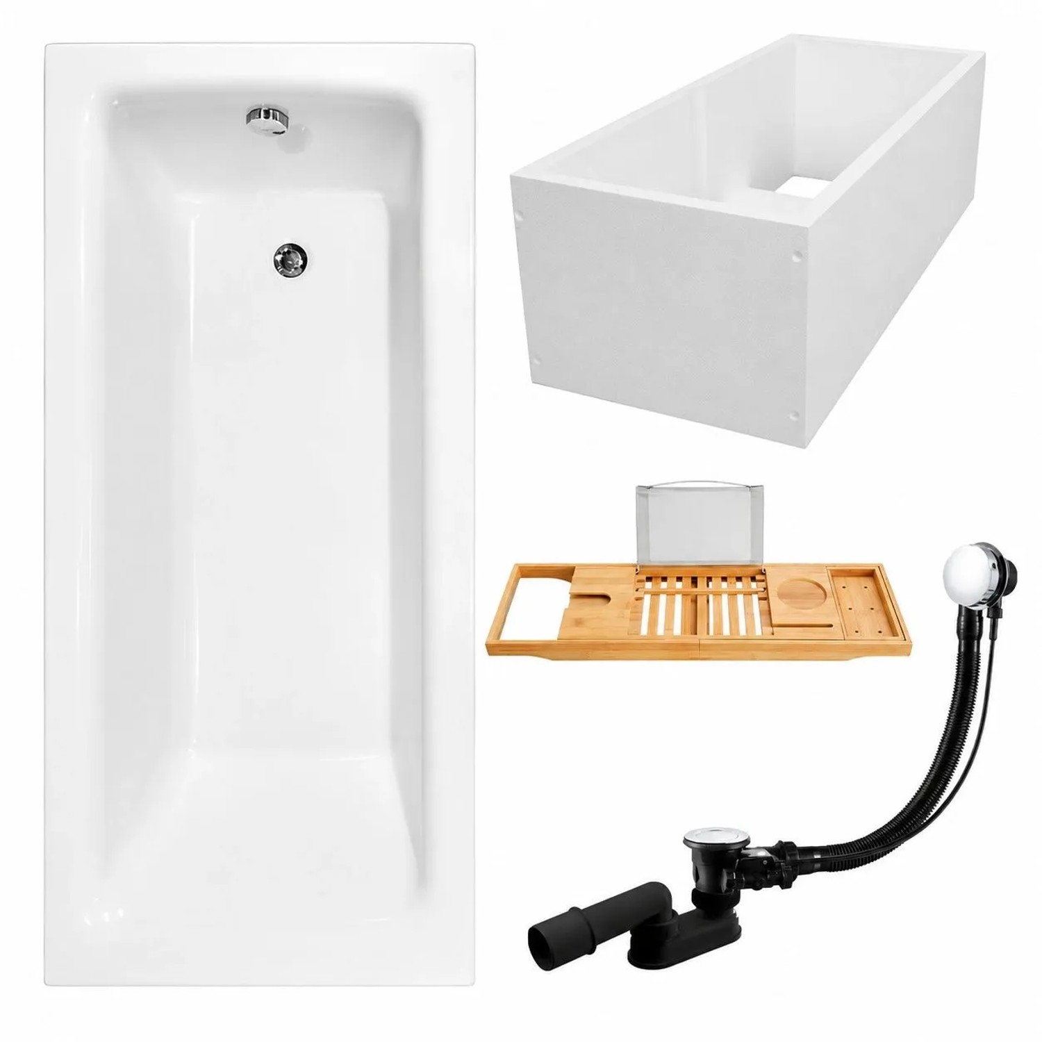 KOLMAN Badewanne Rechteck 140 x 70 Cm Mit Wannenträger Mit Bambus Badewannenablage Inkl. Ablauf Und Füße