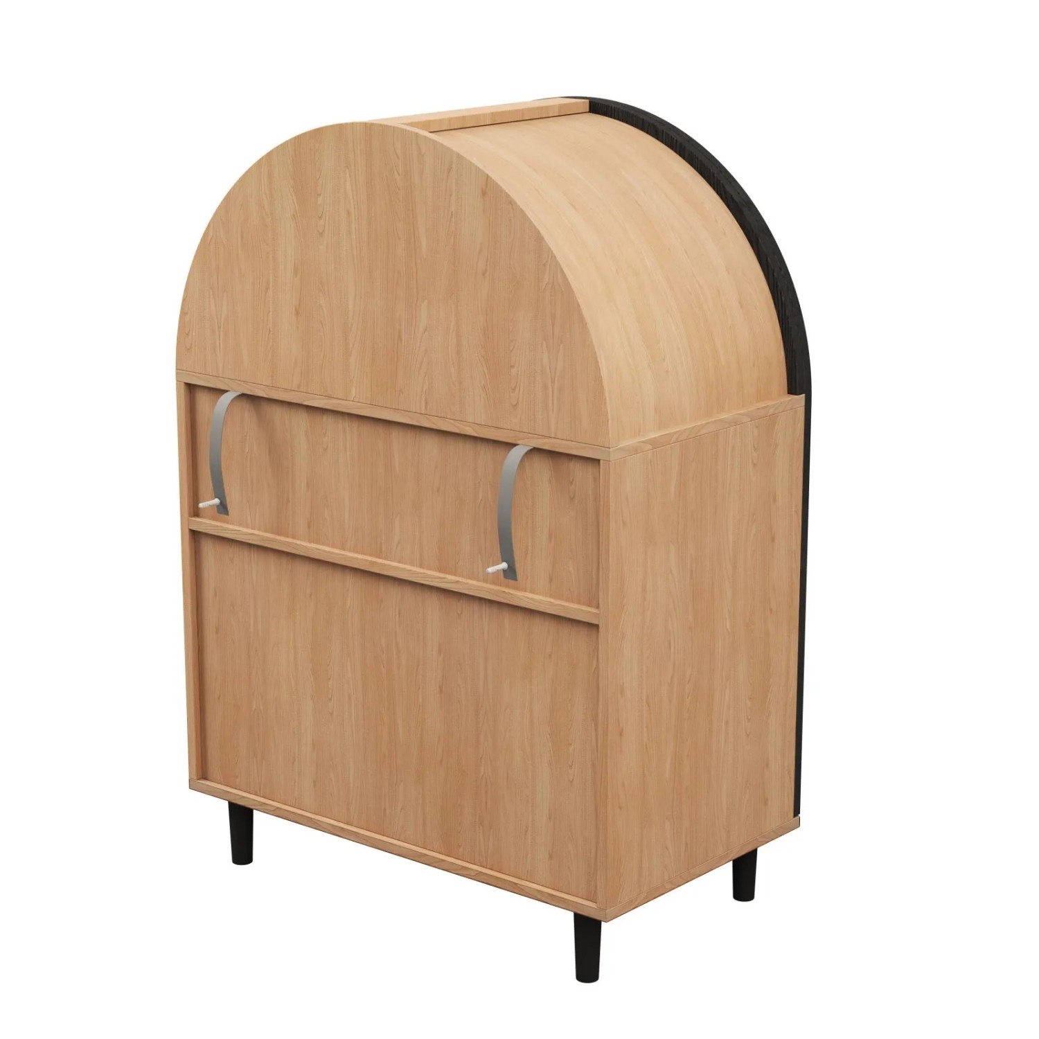Rückseite des PXloue Schuhschranks Sideboards in Holzoptik mit runder Oberseite, schwarzen Beinen und Wandbefestigung.