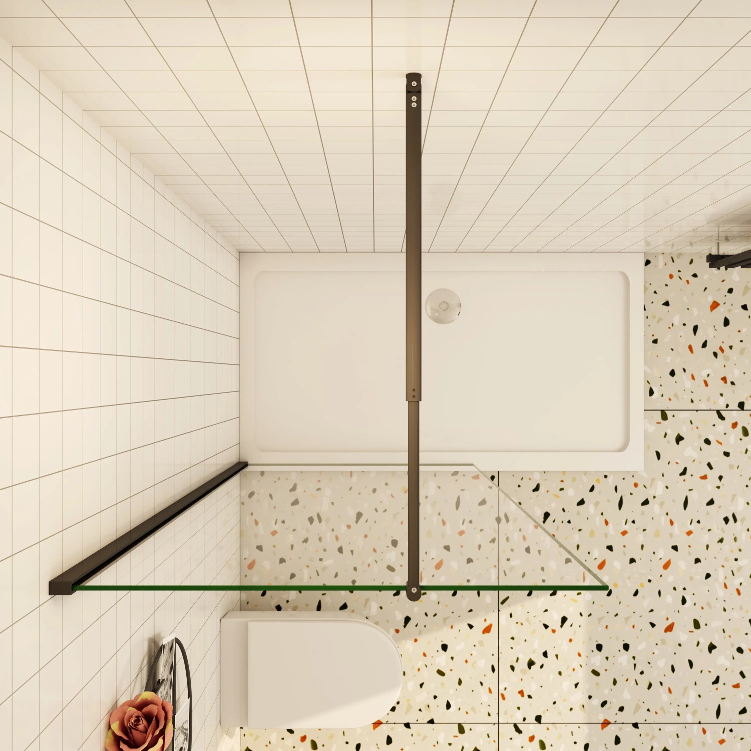 AICA Walk In Duschwand mit Schwarzrahmen, 110x200cm, 8mm ESG-Glas, flexible Stabilisatoren.