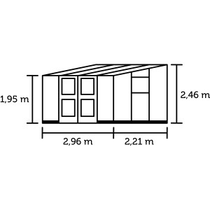 Technische Zeichnung Juliana Anlehngewächshaus Veranda mit Maßangaben.