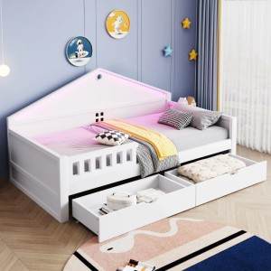 Weißes Merax Kinderbett 90x200cm mit Hausdach, LED-Beleuchtung und zwei ausziehbaren Schubladen.