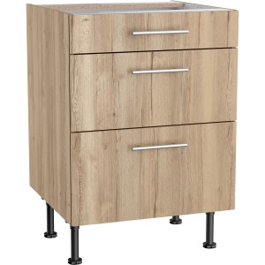 Optifit Unterschrank Erik290 in Wildeiche mit 3 Auszügen, 60x87x58,4 cm. Küchenunterschrank mit Griffen.