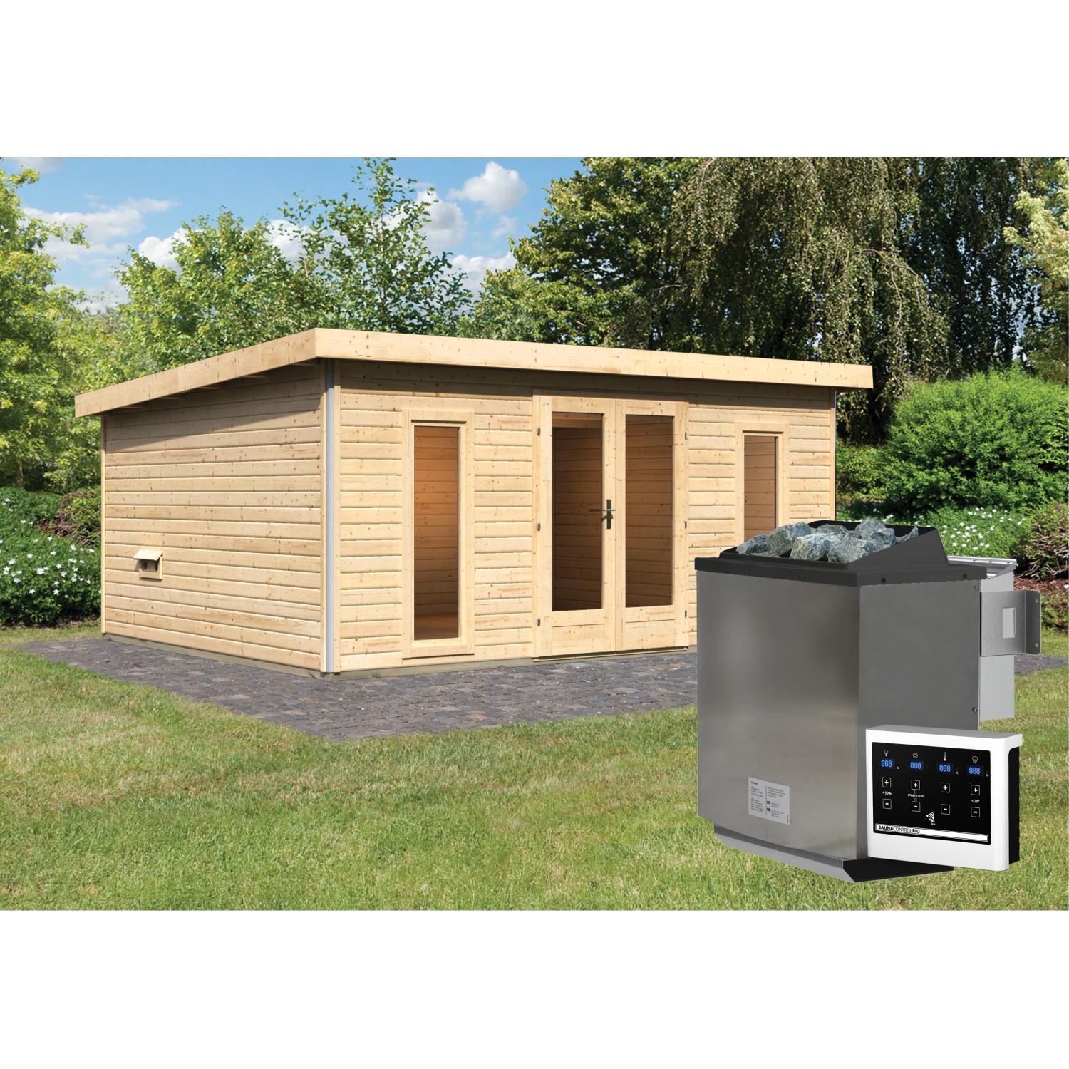 Karibu Saunahaus Magnus 4 Naturbelassen mit Ofen 9 kW Bio Ext. Strg. günstig online kaufen