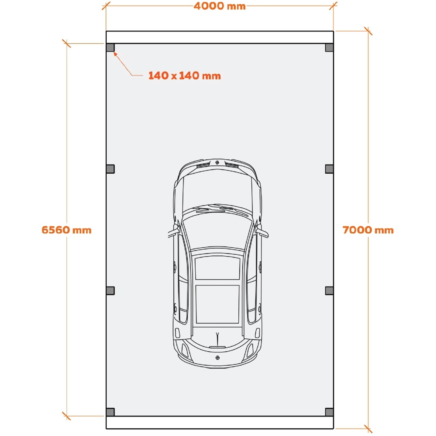 Draufsicht: Holzbrüder Camping-Carport Ralf, 400x700 cm, mit Wohnmobil. Inkl. Maße und Pfosten.
