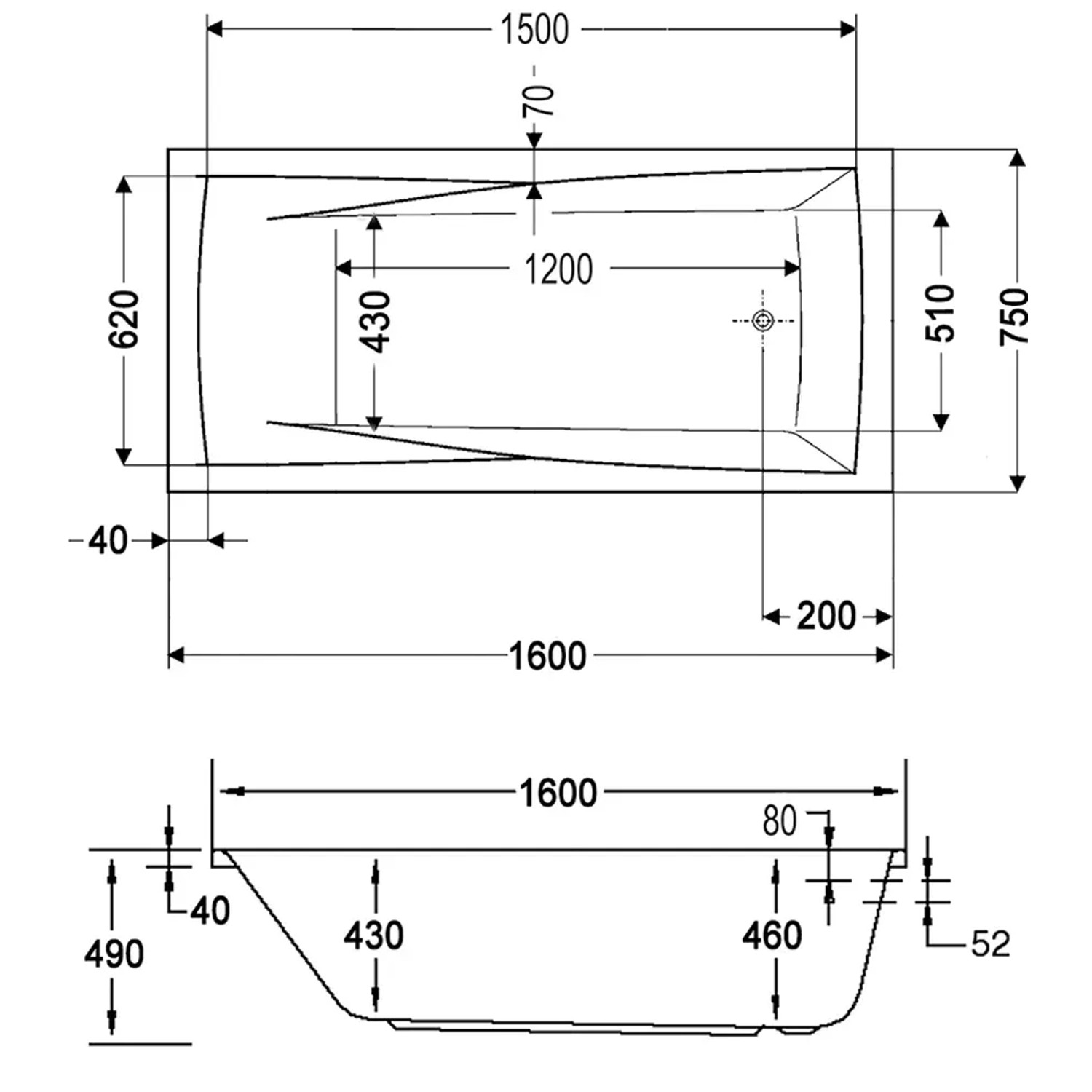 Technische Zeichnung der rechteckigen Badewanne Atlanta, 160x75 cm, mit Maßangaben.