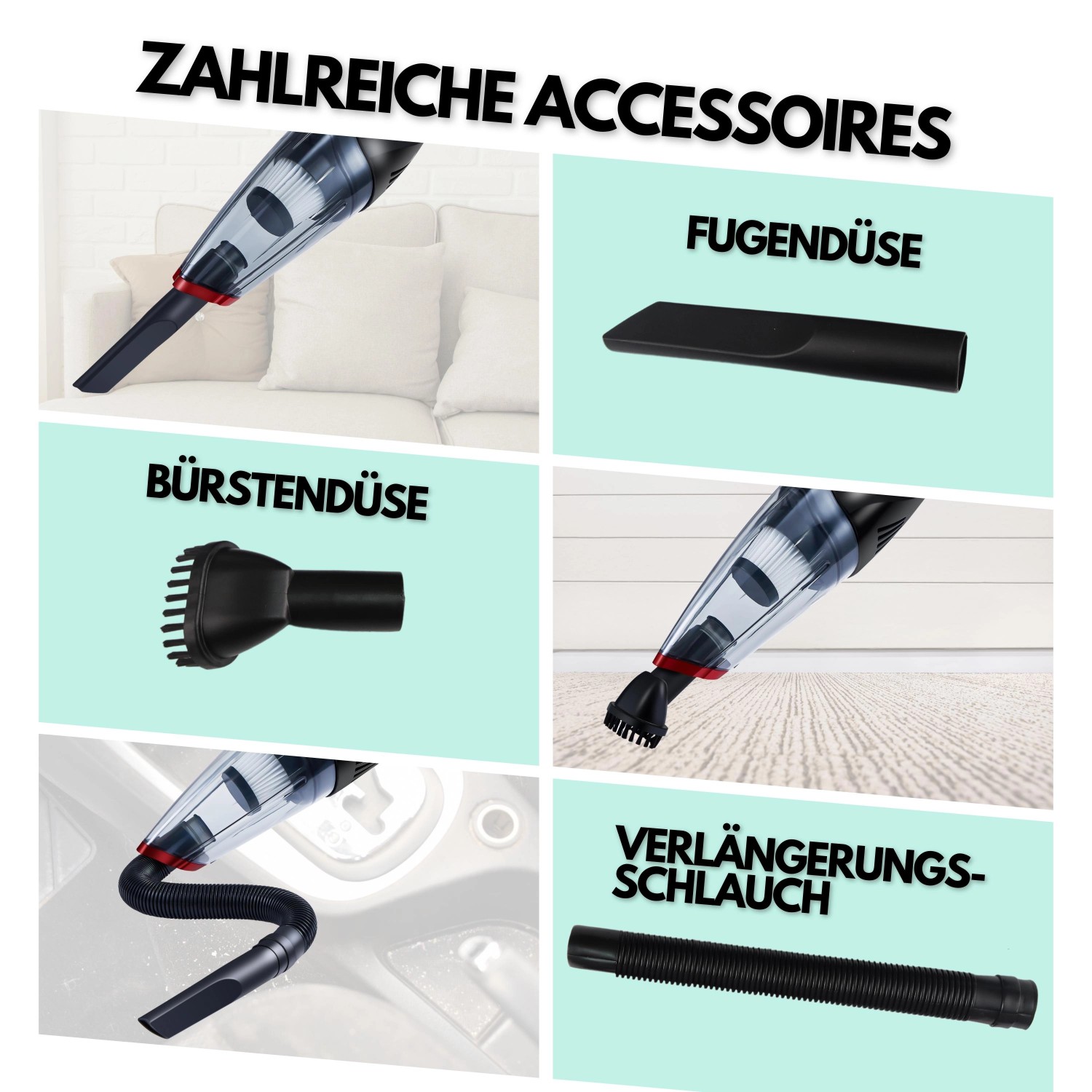 Steinborg Akku-Handstaubsauger Zubehör: Fugendüse, Bürstendüse, Verlängerungsschlauch.