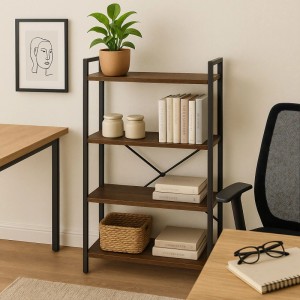 Schwarzes Metall Bücherregal mit 4 braunen Holzablagen im Industrial-Stil. Ideal für Wohnzimmer, Büro und Stauraum.