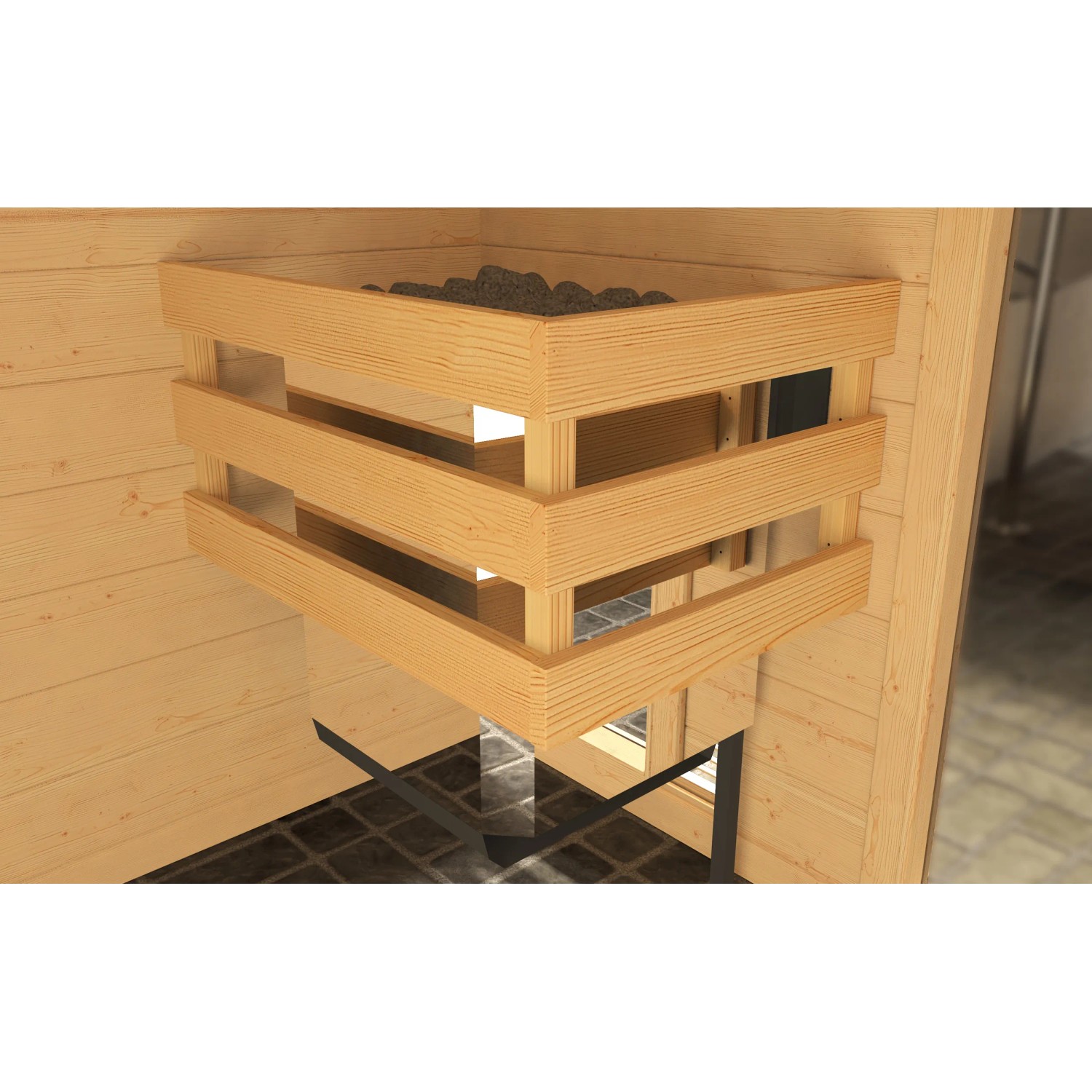 Detailaufnahme des Saunaofens mit Saunasteinen der Weka Infrarotsauna Uppsala.