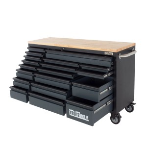 TRUTZHOLM Werkstattwagen Deluxe XXL, anthrazit, mit 20 Schubladen und Hartholz-Arbeitsplatte.