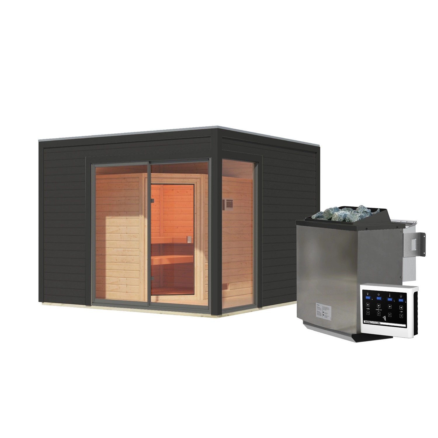 Karibu Saunahaus Cubulis 1 Var. B Anthrazit mit Ofen 9 kW Bio ext. Steuerung