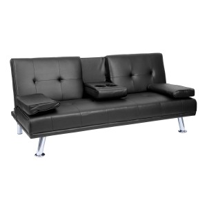 Schwarzes 3er-Sofa F60 aus Kunstleder mit Getränkehalter und Schlaffunktion.