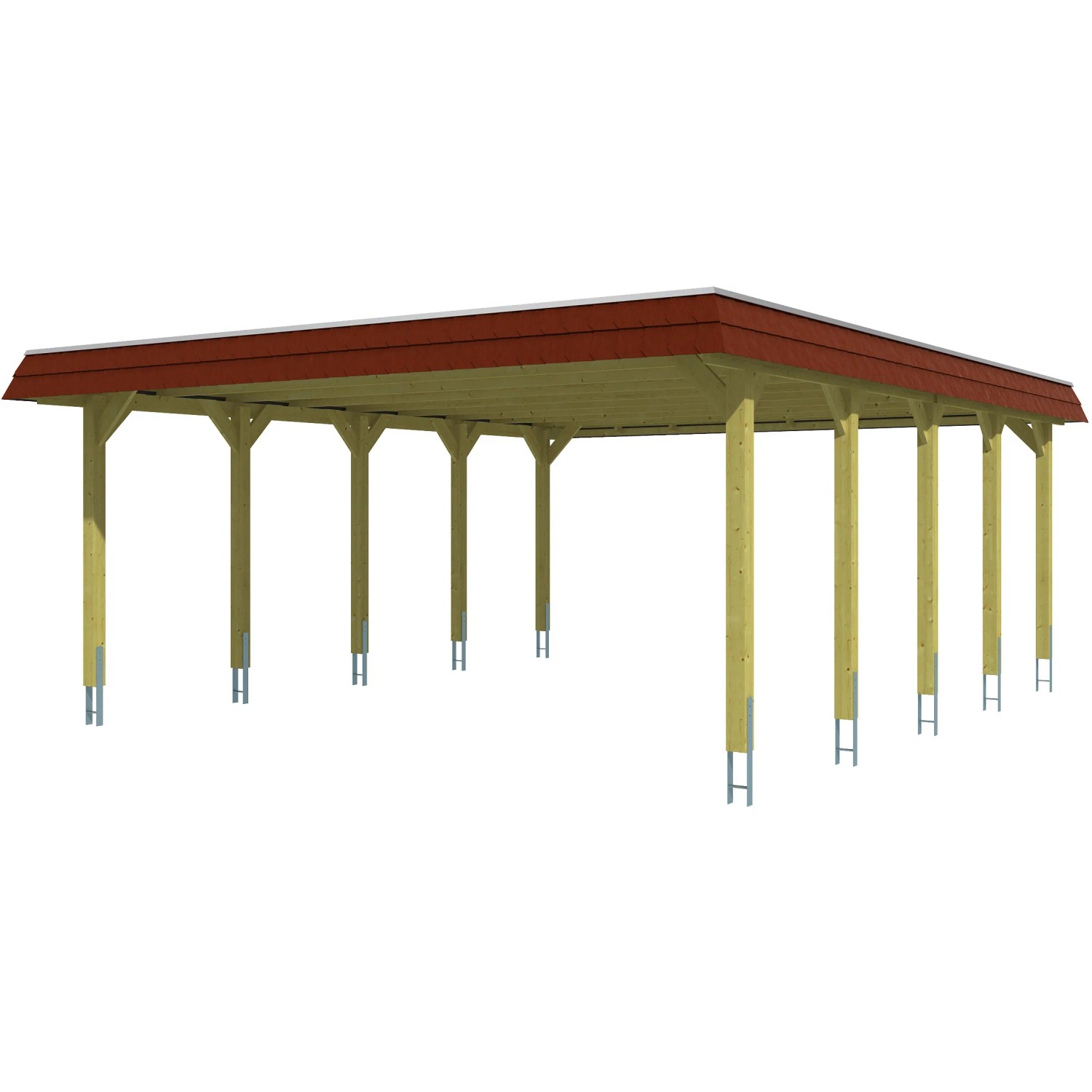 Skan Holz Carport Spreewald, Doppelcarport mit roter Blende, Holzkonstruktion.