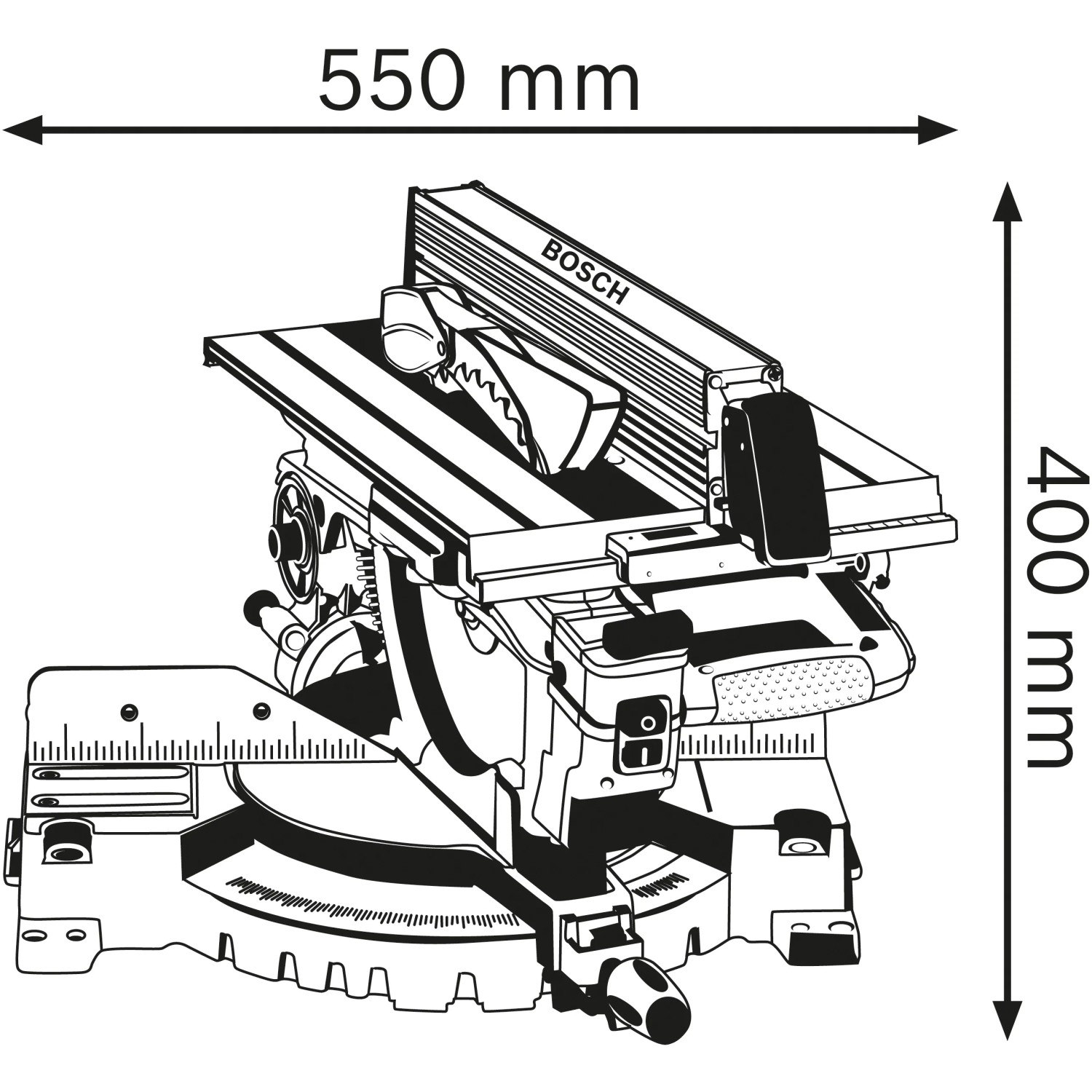 Skizze der Bosch Professional Kombi-Säge GTM 12 JL mit Maßangaben (550x400mm).