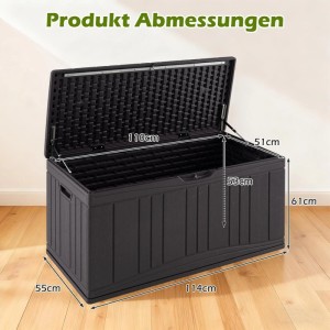 Dunkelbraune Costway Gartenbox 300 L mit offenem Deckel, Gasdruckfedern und sichtbaren Abmessungen. Ideal für Garten-Ordnung.