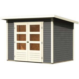 Terragraues Karibu Holz-Gartenhaus mit Pultdach und Doppeltür mit Fenstern.