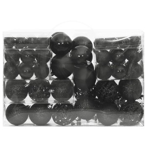 vidaXL 111-tlg. Weihnachtskugel-Set Schwarz: Kugeln, Sterne, Schneeflocken und Spitze im transparenten Kasten.
