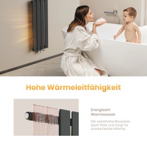 Anthrazitfarbener Emke Badheizkörper 160x30cm im Badezimmer mit Badewanne und Familie.