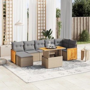 Beige 8-tlg. vidaXL Garten-Sofagarnitur aus Rattan mit Tisch und hellgrauen Kissen.