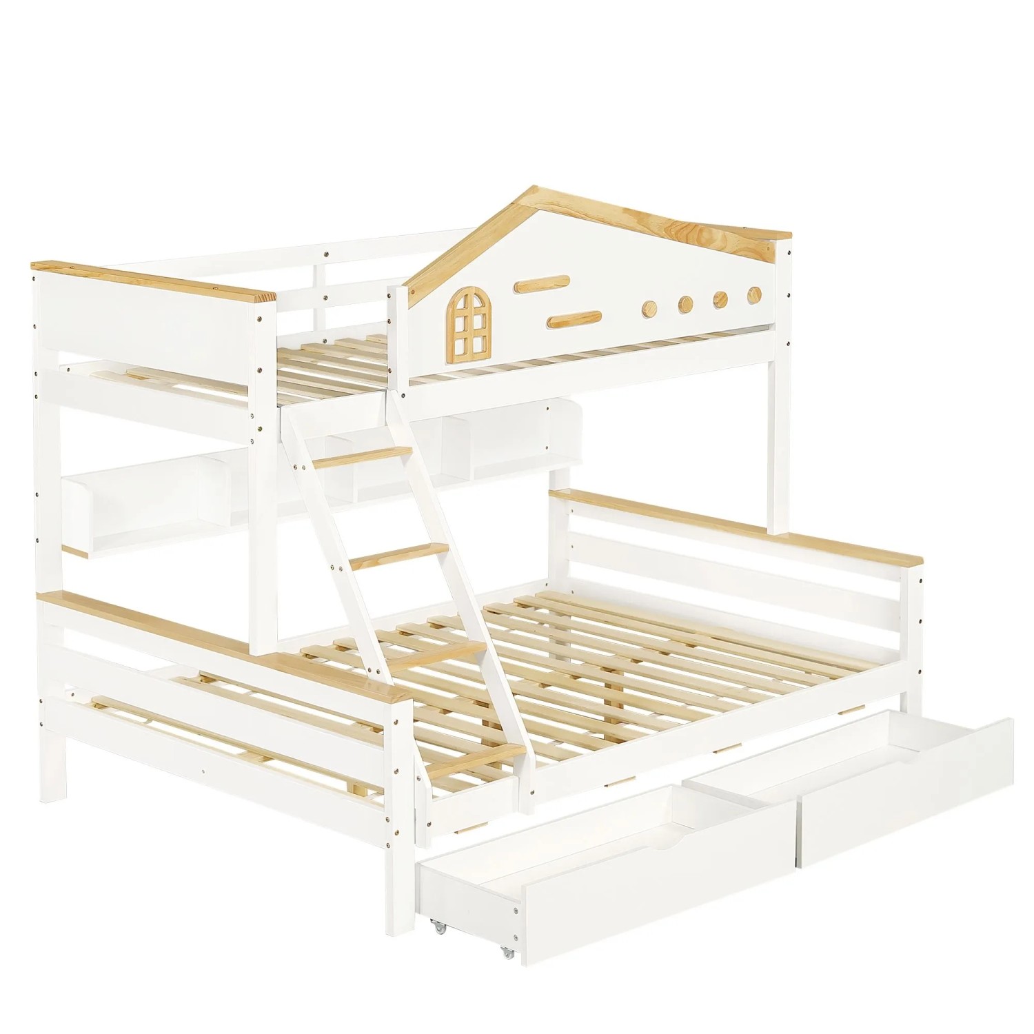 okwish Etagenbett 140x200cm mit Schubladen und Regal Kinderzimmer Weiß Natur ohne Matratze