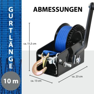 TRUTZHOLM Gurtwinde mit blauem Gurt, Lasthaken und Maßangaben für Autoanhänger Zubehör.