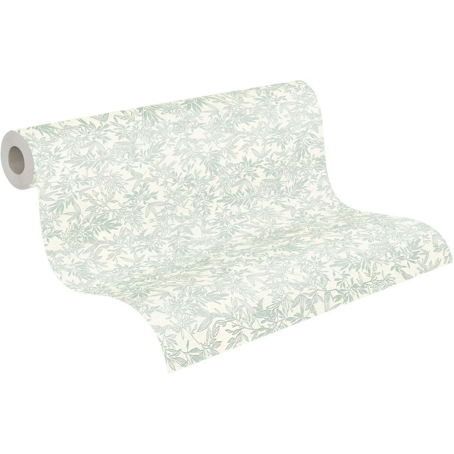 A.S. Création Vliestapete mit Blätter-Muster in Grün und Weiß auf einer Rolle.