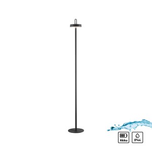 Schwarze LED Akku Stehleuchte Amag, 125cm hoch, für Innen- und Außenbereich.