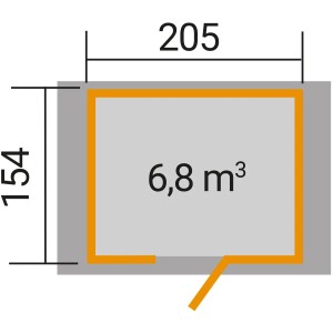 Grundriss OBI Outdoor Living Holz-Gartenhaus Monza, 205x174 cm, mit Maßen und Angabe der Grundfläche.