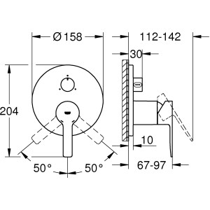 Technische Zeichnung: Grohe Lineare Einhandbatterie mit 3-Wege-Umstellung, Maße und Details.