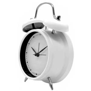 Weißer Wall-Art Tischwecker im Retro-Design, 11,7 x 16 cm, mit Weckfunktion.