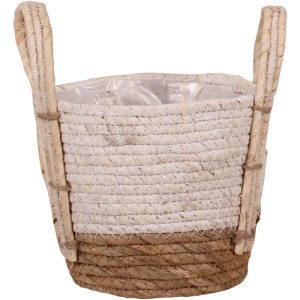 Weißer Korb mit Henkeln aus Stroh und Seegras, Ø 15 cm, handgefertigt.