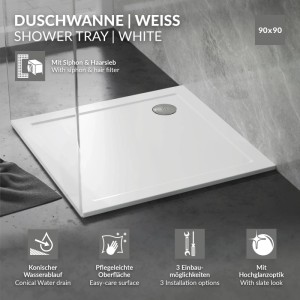Weiße, eckige LuxeBath Duschwanne 90x90 cm mit glänzender Oberfläche und Ablaufgarnitur im modernen Bad.