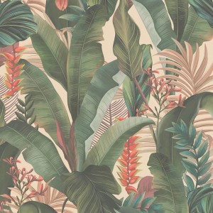 PROFHOME Dschungel Tapete mit Blumen, Blättern in Beige, Grün, Rosa und Rot.
