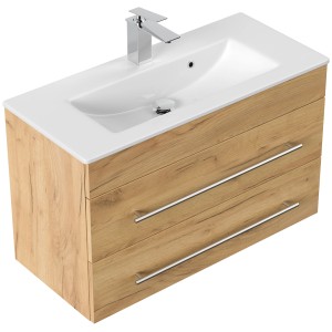 Posseik Badmöbel Portus 800 SlimLine Eiche Gold mit Waschbecken und zwei Schubladen.