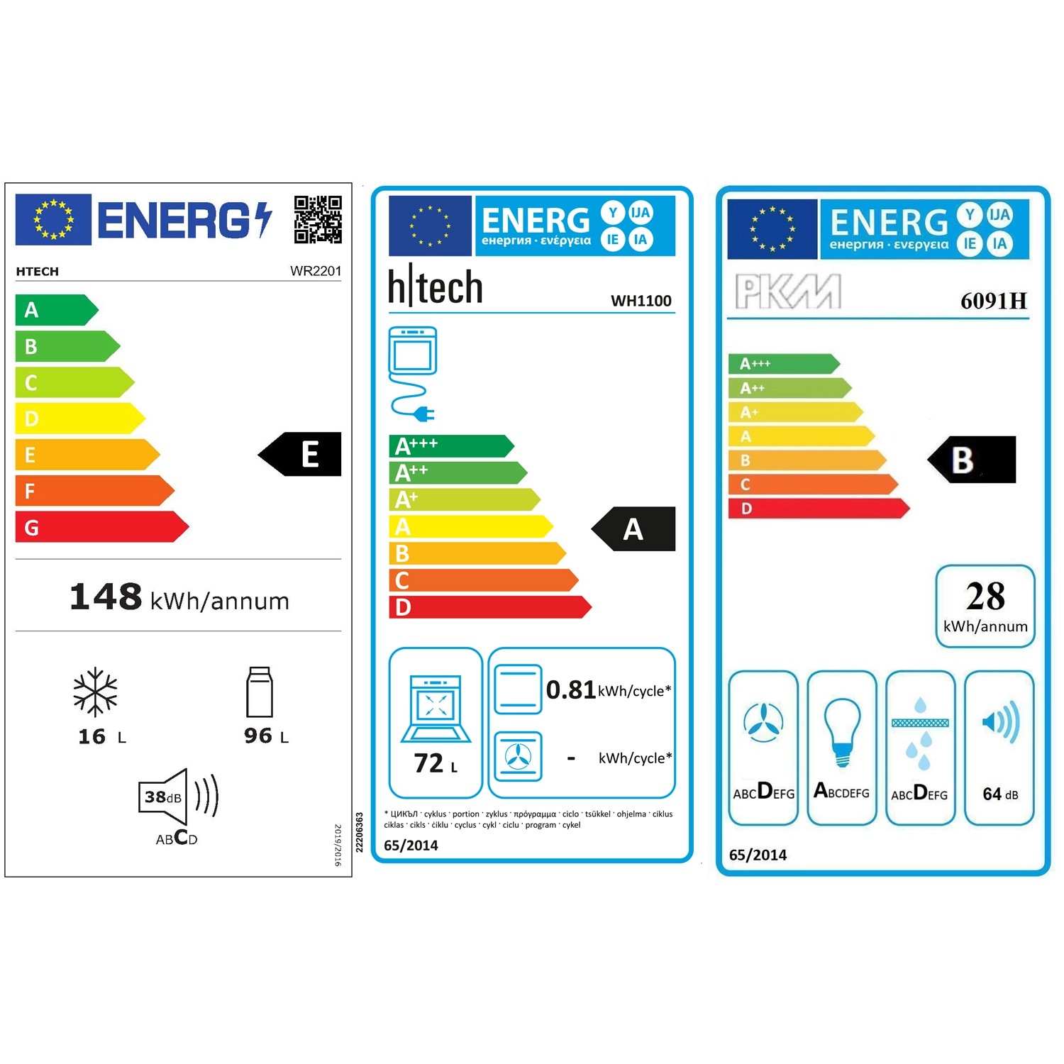 Energieetiketten von HTECH, PKM und h|tech für Kühlschränke und Geschirrspüler.