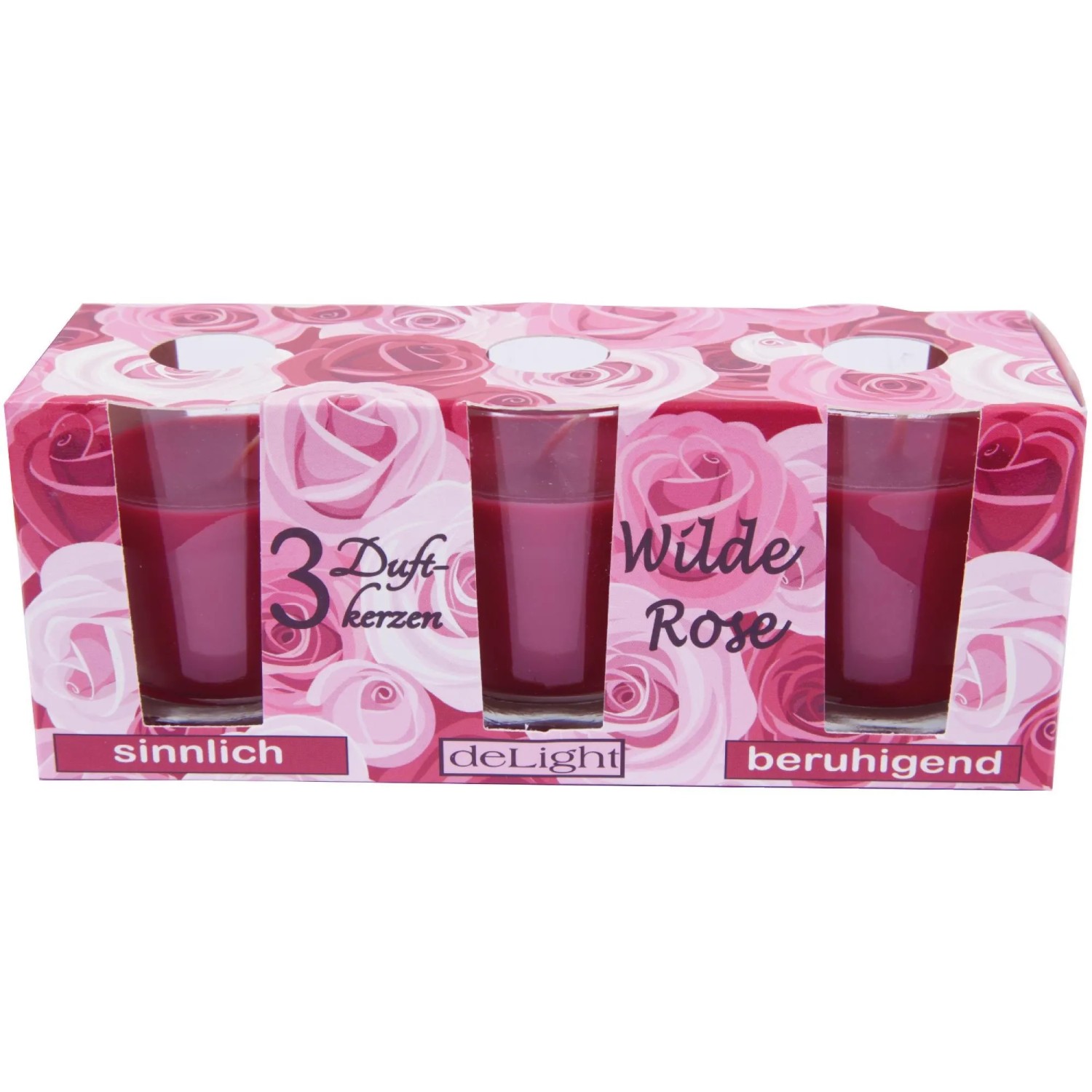 HS Candle Duftkerzen Classic, 3er Pack Wilde Rose im dekorativen Rosenkarton.
