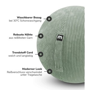 Grüner mokebo Sitzball aus Cordstoff, Detailaufnahme der robusten Nähte und des waschbaren Bezugs.