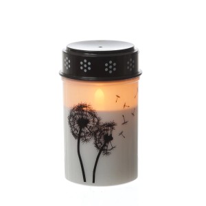 Weißes LED Grablicht mit Pusteblumen-Motiv, 12cm hoch, mit Timerfunktion für stimmungsvolle Grabdekoration.