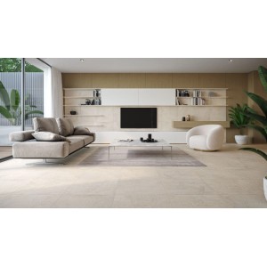 Beige matte Feinsteinzeug Bodenfliese Moonrow in Stein-Optik im modernen Wohnzimmer. Ideal für Innenbereiche.